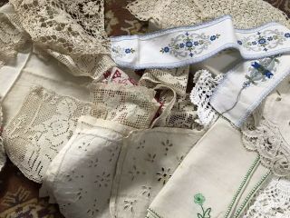 Box Of Antique French Lace & Linen Doilies Etc Old Point De Gaze ? Embroidery