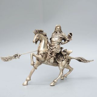 Collectable China Rare Handwork Miao Silver Carved Guan Yu Riding Horse Statue