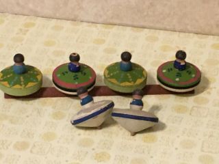Set of 6 Antique Vintage Hand Painted Wood Spinning Tops 2
