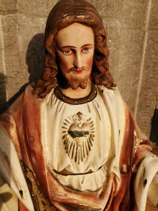 Rare Big Antique Handpainted Plaster Jesus Christ Sacred Hearth Monastery Statue