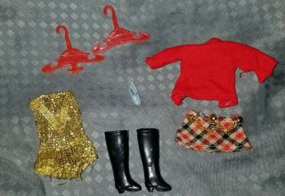 Vintage Topper Dawn Doll Mad About Plaid,  Gold Swimsuit,  Black Boots,  Hangers