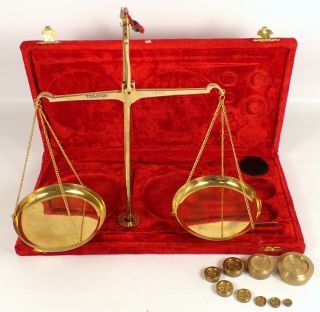 Antique Vtg Brass Jewelry Balance Scale W Red Velvet Box Complete Weight Set