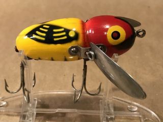 Vtg Fishing Lure Heddon Crazy Crawler 3 " Red Yellow Black Stripes Wings Q317b