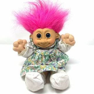 Vintage Russ Troll Doll 12 " Soft Plush Girl Pink Hair W/ Floral Dress Bingo
