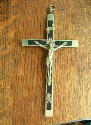 Antique German Large Crucifix Silver & Ebony With Skull & Cross Bones One