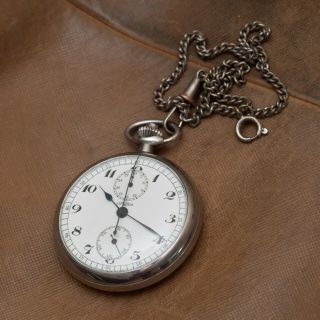 Rare Vgc Lemania Mens Pocket Watch Chronograph Enamel Dial Stainless Steel Case
