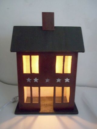 Decorate For Christmas Primitive Wood Shaker Salt Box Style House Electric Light