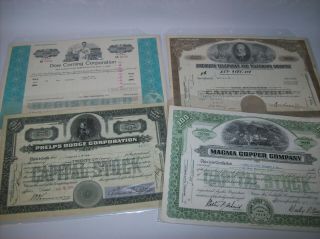 4 Antique Stock Certificate Dow Corning At&t Phelps Dodge Mining Magma Copper