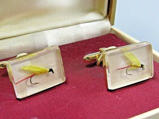 Mens Cufflink Yellow Fly Fish Lure In Display Box Vintage Jewelry Db28