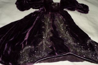 Gorgeous Antique Doll Dress Purple Velvet Victorian Glass Bead China Head Doll