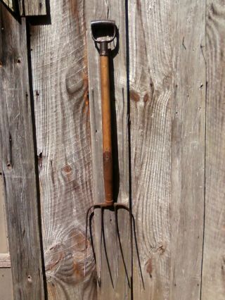 Rare Antique Pitch Fork 4 Prong Tine Forged Steel D Handle Farm Barn Hay Potato
