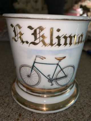 W.  G.  C.  France Mustache Cup Mug Hand Painted Bicycle Scene Signed & Dated 1898