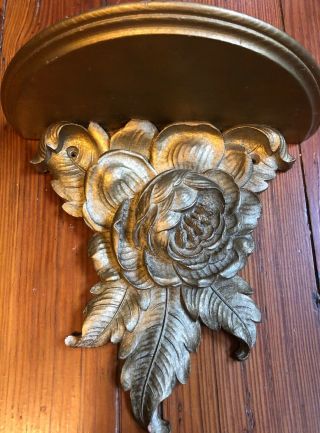 Vintage Mid Century Syroco Gold Wood Wall Plate Shelf Floral Design