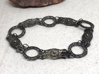 Antique Old Mexico Sterling Silver Filigree Panel Link 7.  5” Bracelet