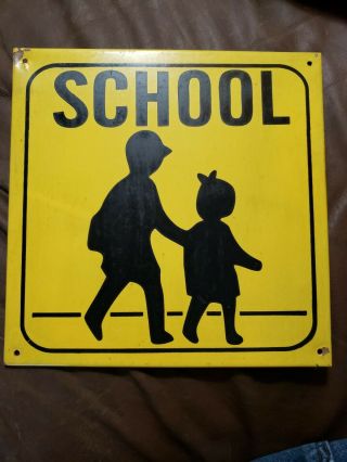 Vintage Old School Crossing Metal Road Sign Kids 10x10 In Antique Yellow