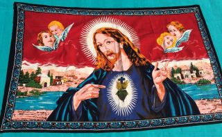 Vtg Jesus Christ Tapestry Wall Hanging Decor Sacred Heart Angels 53” X 34”