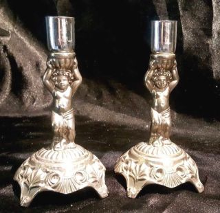 Antique Pair Silver Plate Cherub Candlestick Holders