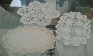 3 Large Vintage White And Cream Hand Crocheted Cotton Doilies / Table Mats
