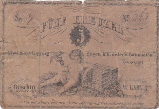 5 Kreuzer Vg Banknote From Austrian Empire/bohemia 1849 Rare