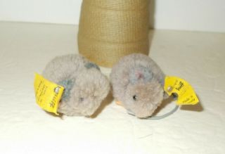 2 Vintage Steiff Tiny Gray Woolen Mice Mouse W/ Button & Tag 7355/04 1960s