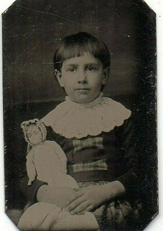63390.  Rare Circa 1870s Mini Tintype Photo Of Girl & Favorite China Head Doll