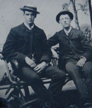Antique Tintype Photo Portrait 2 Handsome Dapper Seated Young Men Wearing Hats