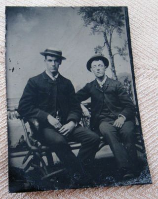 ANTIQUE TINTYPE PHOTO PORTRAIT 2 HANDSOME DAPPER SEATED YOUNG MEN WEARING HATS 2