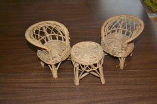 Old 3pc Natural Color Wicker Set For Dolls/teddybears Dollhouse Furniture