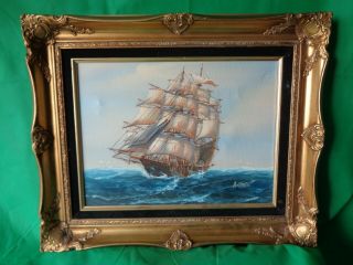 Vintage Painting Clipper Ship Framed Oil On Canvas Signed Ambrose 12 " X 16 "