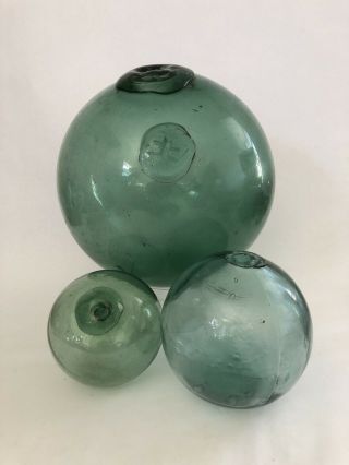 Antique Nautical Hand Blown Glass Japanese Fishing Float Buoys Balls Set Of 3