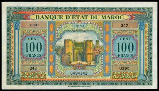Morocco 100 Francs 1943 Vf,  /axf Large Size Note American Print Rare Banknote