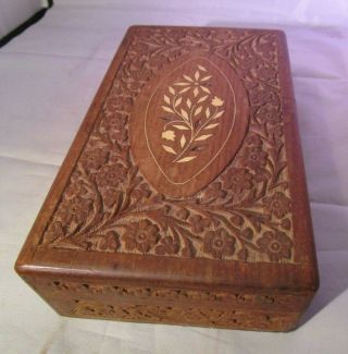 Vintage Hand Carved Wooden Box With Foliage Design.  Hinged Lid