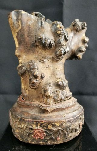 Rare Antique Chinese Burl Root Scholar Brush Pot With Hand Carved Wooden Base