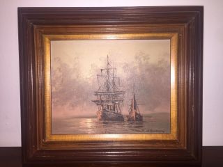 Vintage Framed Signed W.  Vennekamp Oil Painting Ship With Boat At Sea