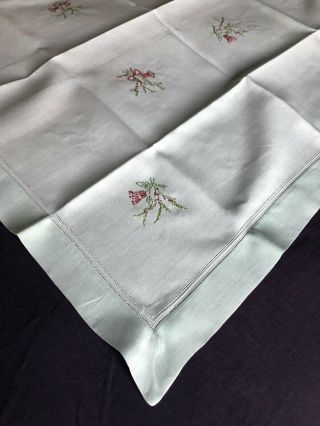 Sweet Vintage Floral Hand Embroidered Small Square Green Irish Linen Tablecloth