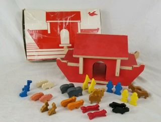 Vintage Creative Playthings Wooden Wood Noahs Ark Toy W/ Animals Made In Finland