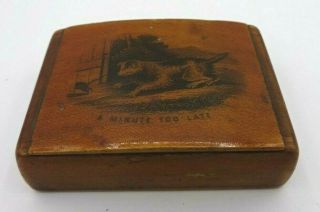 Antique Wooden Mauchline Ware Snuff Box - Dog Chasing Cat - A Minute Too Late
