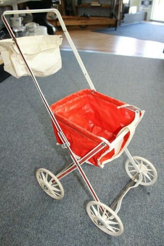 Vintage Foldable Tin Toy Baby Stroller Vinyl Basket