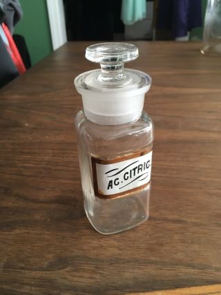 Antique Chemist Pharmacist Apothecary Bottle Painted Glass Label Citric Acid