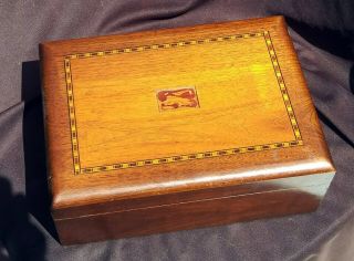 Antique Cigar Humidor - Art Deco Tobacco Wooden Box Mahogany W Inlay & Lined