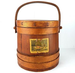Primitive Antique 19th C.  Currier & Ives Wood Firkin Sugar Bucket W/ Lid Handle