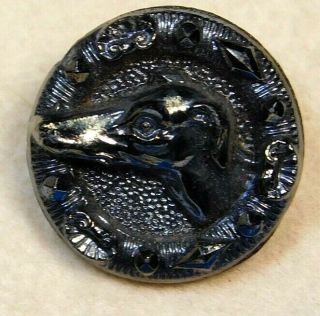 Sm Antique Vtg Button Blue Carnival Luster Glass Greyhound Dog Head Wow A21