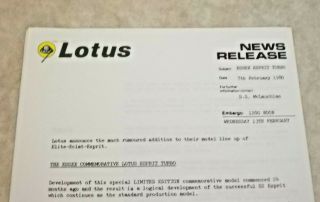 ,  Rare - 1980 Essex Commemorative Lotus Esprit Turbo 7 - Page Press Release,