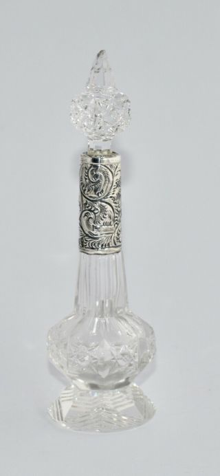 1914 London Sterling Silver Repousse & Cut Glass Perfume/scent Bottle W Stopper