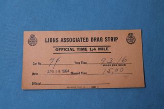 Rare 1964 Lions Drag Strip Timing Slip Drag Racing Ahra Nhra