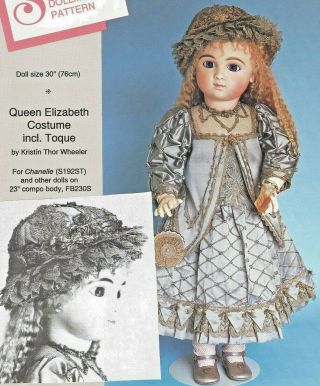 29 - 30 " Antique French Doll Queen Elizabeth 1/young Bess Royal Dress Hat Pattern