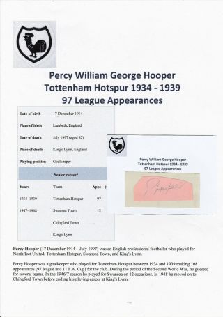 Percy Hooper Tottenham Hotspur 1934 - 1939 Very Rare Hand Signed Cutting