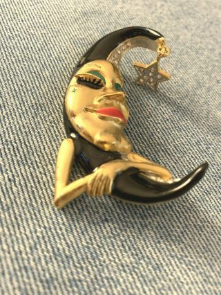 Vintage Rare P.  E.  P Erwin Pearl Pin Large Enamel Woman In The Moon Dangle Brooch