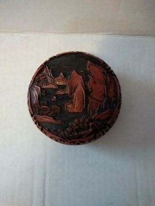 Antique Chinese Cinnabar Lacquer Circular Box Old Vintage
