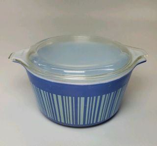 Pyrex 473 Striped Blue Barcode 1 Quart Casserole Dish With Lid Rare Vintage
